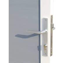 Detailopname van een grijze deur met zilverkleurige deurkruk en slot