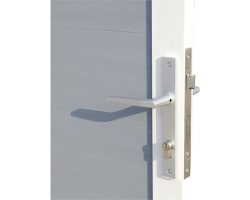 Detailopname van een grijze deur met zilverkleurige deurkruk en slot