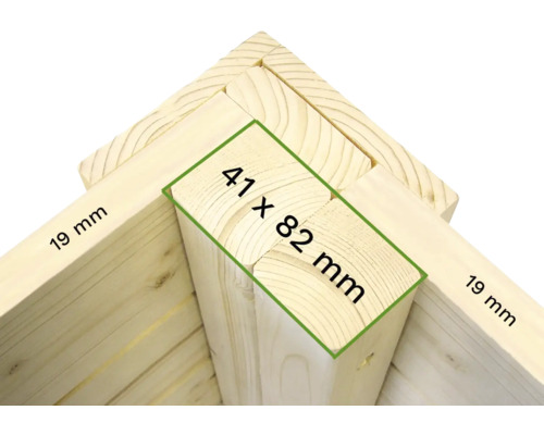 Houten constructie met afmetingen 41 x 82 millimeter en 19 millimeter