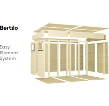 Bertilo Logo. Explosietekening van een tuinhuis in een eenvoudig elementsysteem.