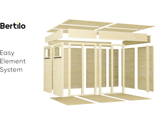 Bertilo Logo. Explosietekening van een tuinhuis in een eenvoudig elementsysteem.