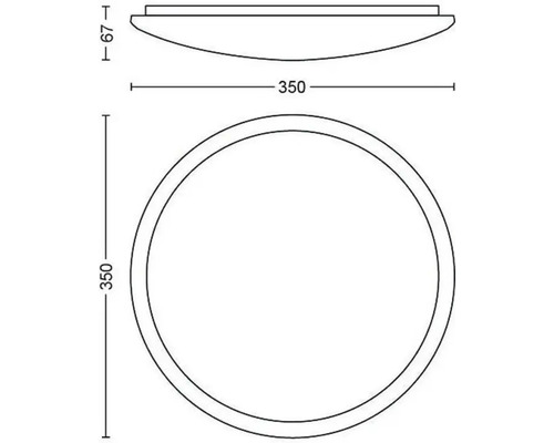 Technische tekening van een ronde lamp met afmetingen van 350 millimeter diameter en 67 millimeter hoogte