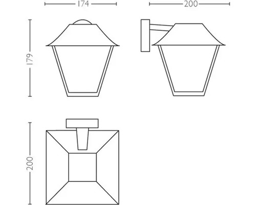 Technische tekening van een wandlamp met afmetingen.