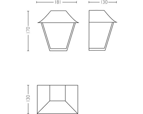 Technische tekening van een buitenlamp met afmetingen