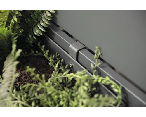 Detailopname van een grijze plantenbak met planten