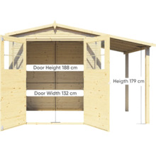 Houten tuinhuis met dubbele deur en overkapping, deurhoogte 188 centimeter, deurbreedte 132 centimeter, hoogte overkapping 179 centimeter