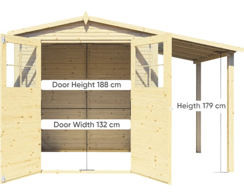 Houten tuinhuis met dubbele deur en overkapping, deurhoogte 188 centimeter, deurbreedte 132 centimeter, hoogte overkapping 179 centimeter