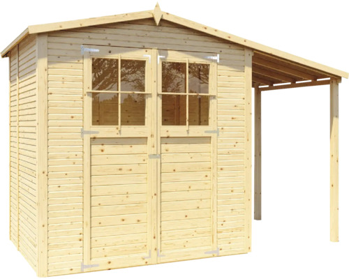 Houten tuinhuis met dubbele deur en afdak