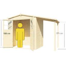 Afmetingen van een houten tuinhuis met een deurhoogte van 188 centimeter en een hoogte van de overkapping van 179 centimeter