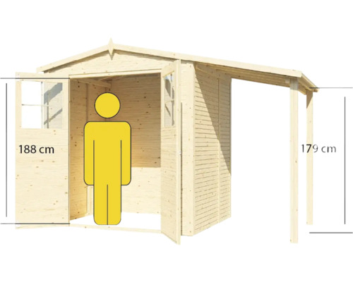 Afmetingen van een houten tuinhuis met een deurhoogte van 188 centimeter en een hoogte van de overkapping van 179 centimeter