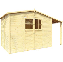 Houten tuinhuis met dubbele deur en overkapping