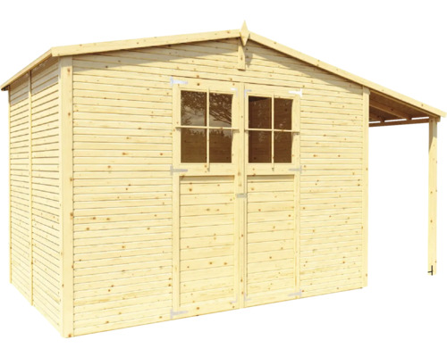 Houten tuinhuis met dubbele deur en overkapping