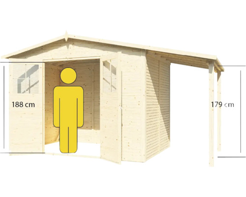 Houten tuinhuis met een hoogte van 188 cm en een luifel van 179 cm