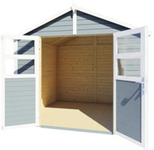 Open tuinhuis met houten wanden en dubbele deur