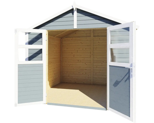 Open tuinhuis met houten wanden en dubbele deur