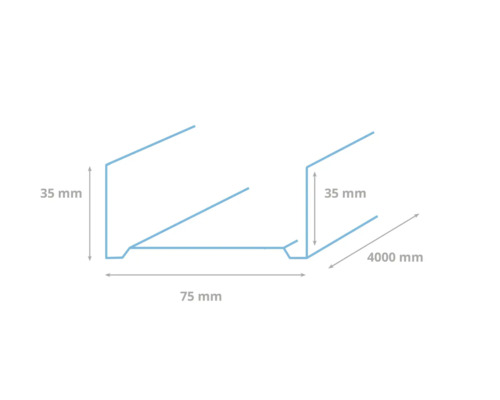 Schematische weergave van een profiel met afmetingen: 35 mm hoogte, 75 mm breedte en 4000 mm lengte.