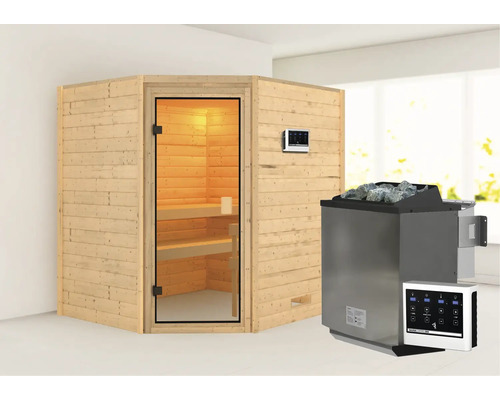 Sauna met saunakachel, stenen en bediening