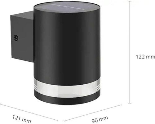 Solarlamp voor aan de muur met de afmetingen 122 mm hoog, 121 mm breed en 90 mm diep.