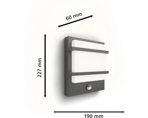 Wandlamp met bewegingssensor en afmetingen 227 mm hoogte, 190 mm breedte en 60 mm diepte.