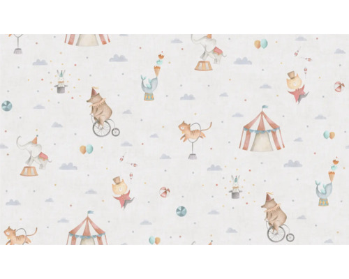 Behang met circusmotieven, inclusief circustent, dieren en wolken