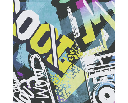 Abstract graffiti-ontwerp met geometrische vormen en letters.
