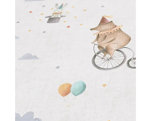 Decoratief kinderkamerbehang met circusthema, inclusief beer op een fiets, konijn en ballonnen.