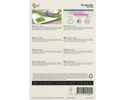 Buzzy Organic bieslook zaden verpakking met teeltinstructies en FSC keurmerk