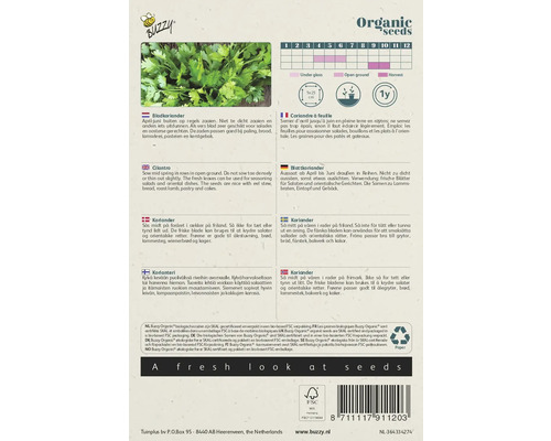 Verpakking biologische korianderzaden met teeltinstructies en oogstperiode