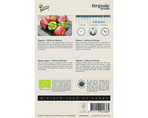 Zadenpakket met de tekst biologische zaden en een afbeelding van paprika California Wonder