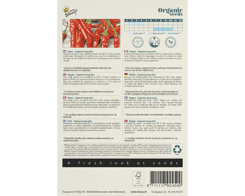 Buzzy Organic Cayenne Long Slim peperzaden verpakking met informatie over planten en oogsten