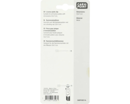 Nummerplaatklem van metaal, geschikt voor nummerplaten met een afmeting van 52x11cm