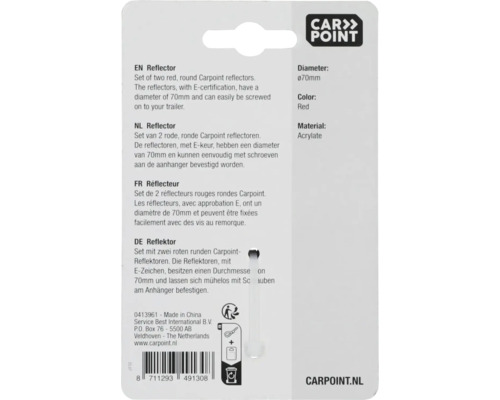 Set van twee rode ronde Carpoint reflectoren met E-keurmerk en 70 millimeter diameter