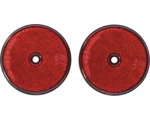 Twee ronde, rode reflectoren met centrale montageopening