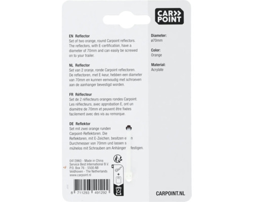 Set van twee oranje, ronde Carpoint reflectoren met een diameter van 70 millimeter, gemaakt van acrylaat.
