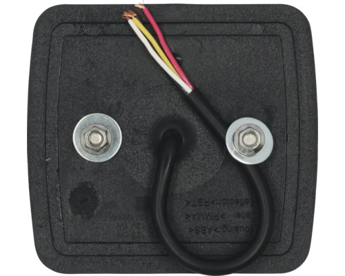 Achterkant van een rechthoekige lamp met kabel en bevestigingsschroeven