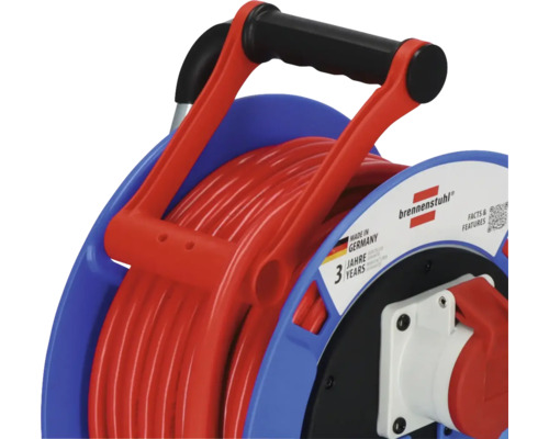 Kabelhaspel met rode kabel en blauw frame