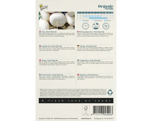 Buzzy Organic zaadverpakking met platte witte meiknollen