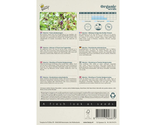 Buzzy Organic mesclun zadenpakket met informatie over planten en oogsten