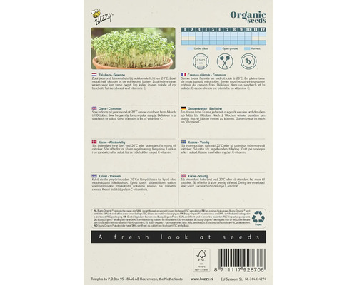 Buzzy Organic zaadverpakking met informatie over de teelt en oogst van tuinkers