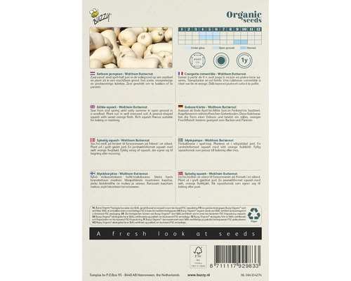 Buzzy Organic Waltham Butternut zadenverpakking met instructies over zaaien, oogsten en gebruiken