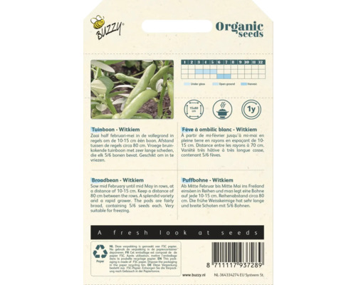 Buzzy logo, biologisch zaad Witkiem tuinboon verpakking