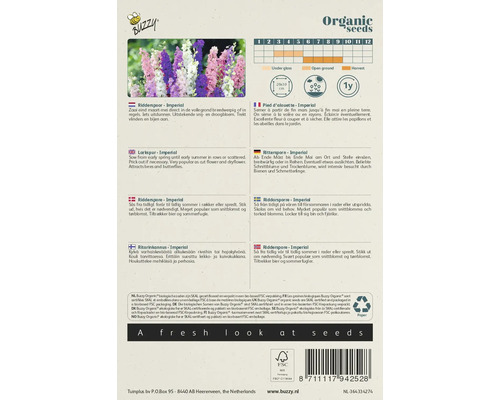 Verpakking met informatie en zaai-instructies voor Ridderspoor Imperial
