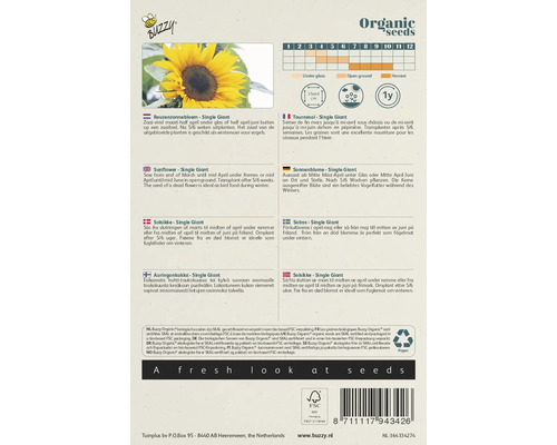 Zadenpakket voor Giant zonnebloemen met informatie over zaaien, oogsten en gebruik