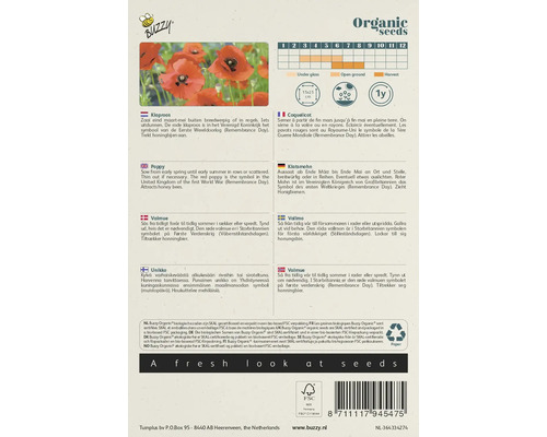 Verpakking biologische klaprooszaden met teeltinstructies en symbolen
