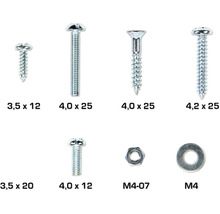 Diverse schroeven, moeren en een sluitring in verschillende maten.