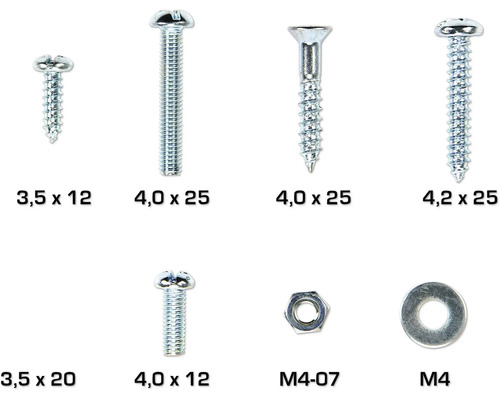 Diverse schroeven, moeren en een sluitring in verschillende maten.