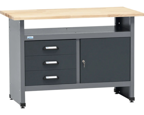 Werkbank met drie laden en een kast met sleutel