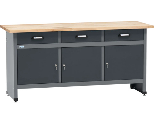 Werkbank met drie laden, drie deuren en afsluitbare vakken.