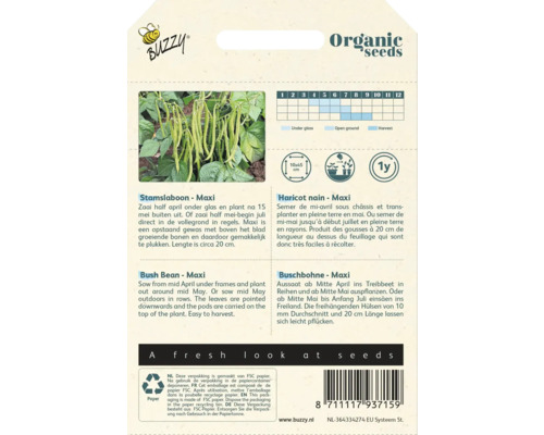 Buzzy Logo, verpakking Stamslaboon Maxi biologisch zaadgoed met informatie over teelt en oogsttijd