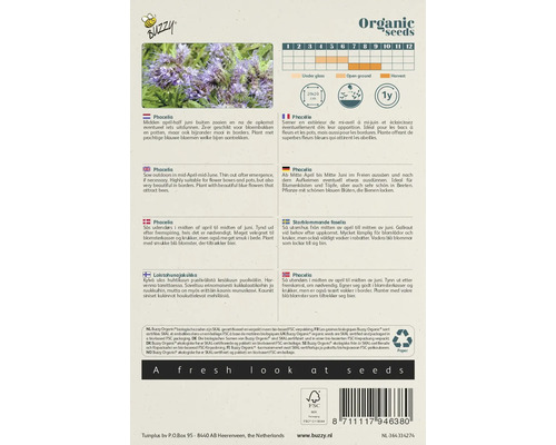 Buzzy Organic Phacelia zaadverpakking met informatie over zaaitijd en eigenschappen